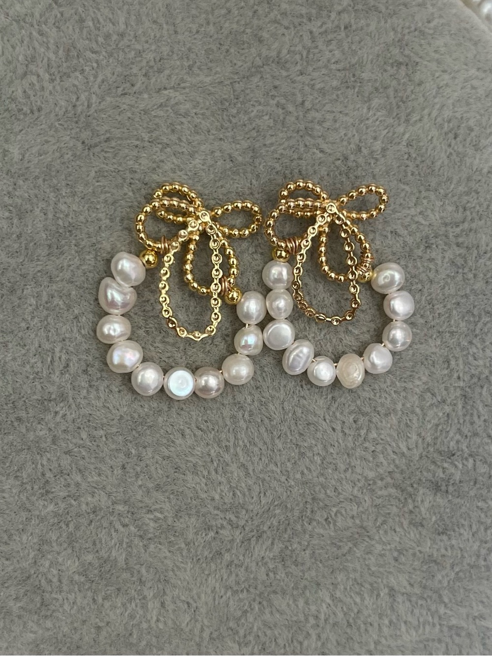 Gold Bow Freshwater Pearl Hoop Earrings – 925 silver posts